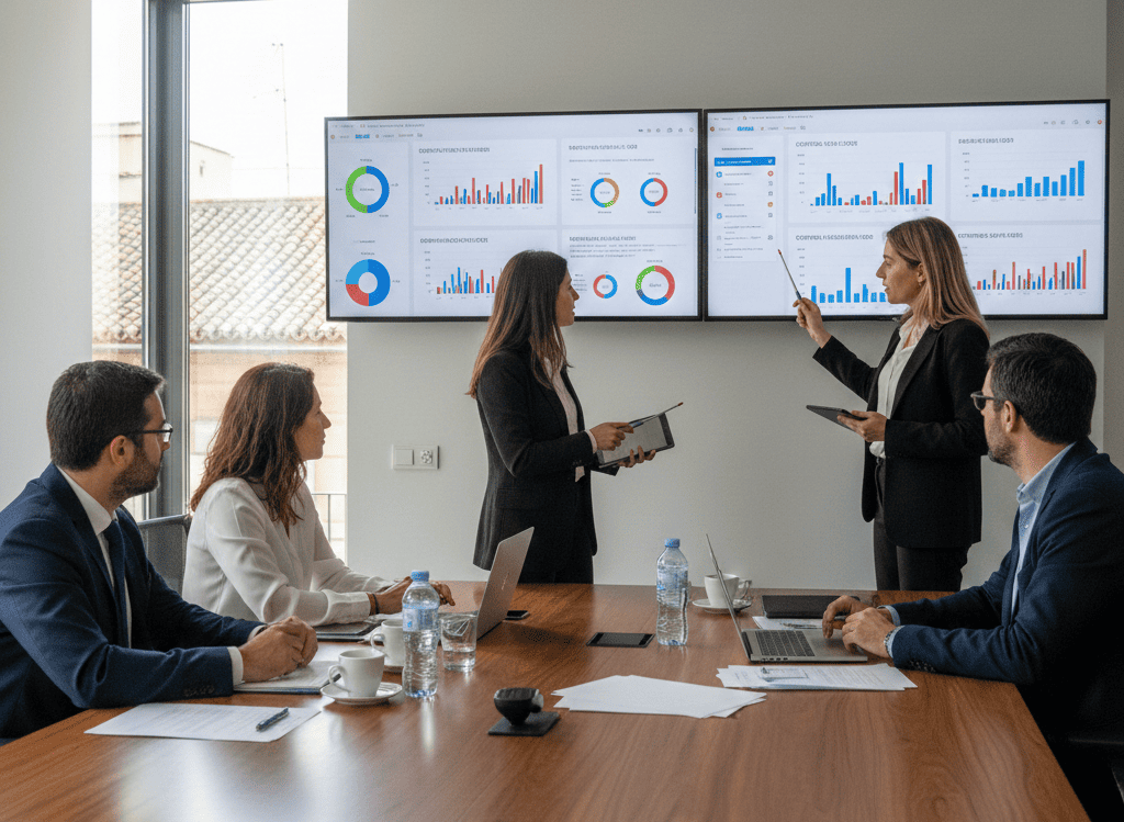 Sesión de trabajo en sala de reuniones con equipo financiero revisando dashboards de KPIs en pantallas grandes, consultores facilitando discusión sobre centros de coste