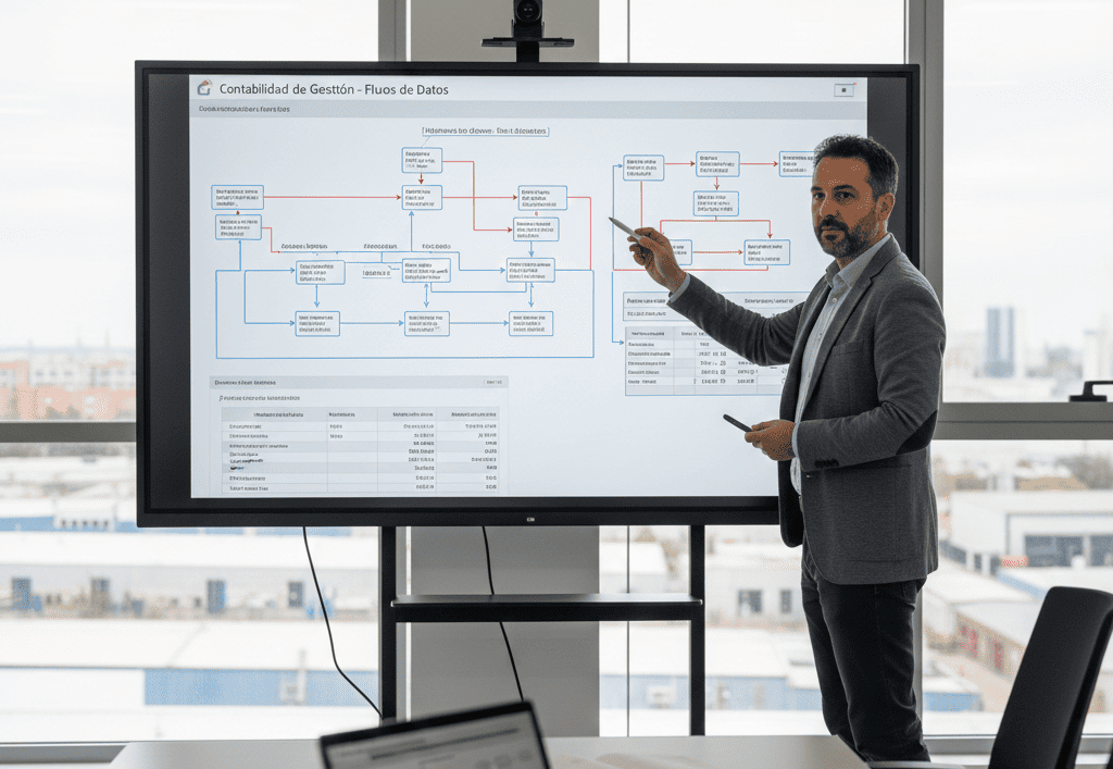 Consultor analizando flujos de datos financieros en pizarra digital con diagramas de procesos, sistemas ERP y arquitectura de información contable en oficina de empresa industrial