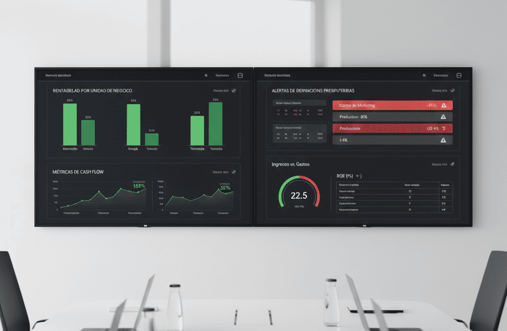 Dashboard ejecutivo en pantalla grande mostrando KPIs financieros en tiempo real con gráficos de rentabilidad por unidad de negocio, métricas de cash flow y alertas de desviaciones presupuestarias